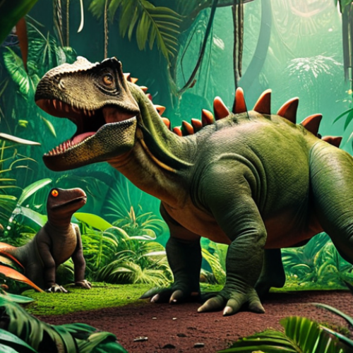 Home 16 **Color Usage and Emotional Impact:**
Create an image featuring a lush, dark green and brown jungle background, symbolizing a mysterious and adventurous dinosaur world. In the foreground, depict characters with vibrant colors that contrast against the background, emphasizing their personalities and drawing the viewer's attention.