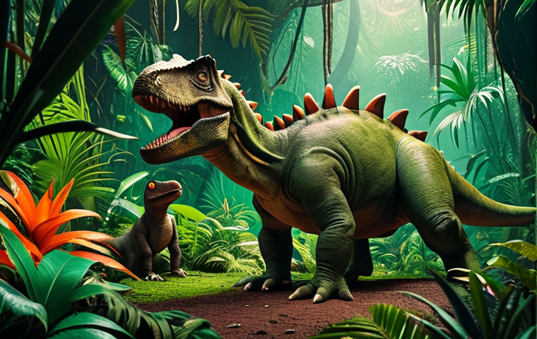 **Color Usage and Emotional Impact:**
Create an image featuring a lush, dark green and brown jungle background, symbolizing a mysterious and adventurous dinosaur world. In the foreground, depict characters with vibrant colors that contrast against the background, emphasizing their personalities and drawing the viewer's attention.
