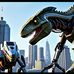 A team of powerful Juraki Cops dinosaur robots, fully clothed, in a dynamic action sequence mid-transformation or combination, showcasing intricate mechanical details and powerful energy. They are working together seamlessly against an unseen threat in a futuristic urban landscape with a high-tech city skyline in the background. Professional CGI render, high detail, volumetric lighting, perfect anatomy, correct proportions, natural pose, well-formed mechanical components, proper finger count for robot hands, appropriate attire, safe for work, appropriate content, family-friendly, high quality.