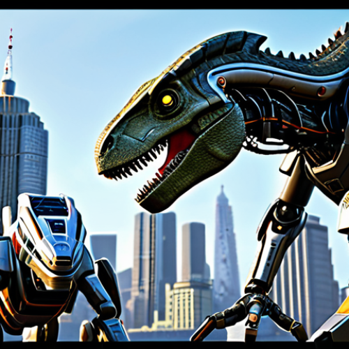 Home 8 A team of powerful Juraki Cops dinosaur robots, fully clothed, in a dynamic action sequence mid-transformation or combination, showcasing intricate mechanical details and powerful energy. They are working together seamlessly against an unseen threat in a futuristic urban landscape with a high-tech city skyline in the background. Professional CGI render, high detail, volumetric lighting, perfect anatomy, correct proportions, natural pose, well-formed mechanical components, proper finger count for robot hands, appropriate attire, safe for work, appropriate content, family-friendly, high quality.