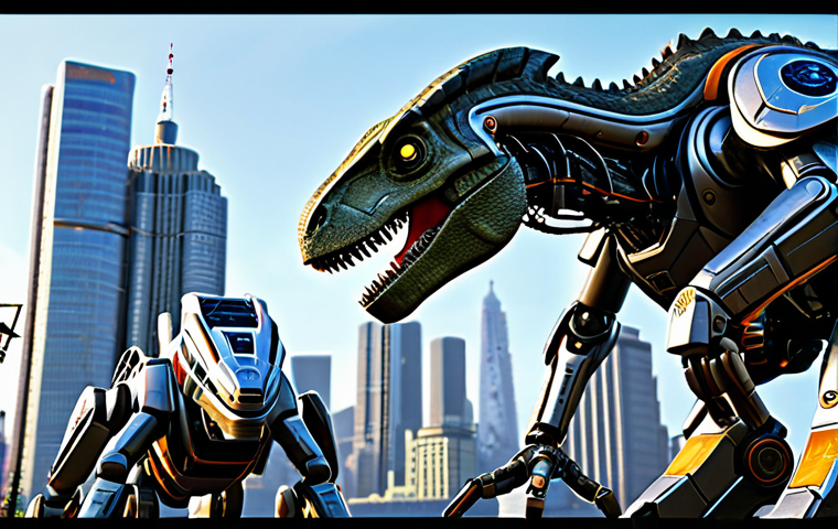 A team of powerful Juraki Cops dinosaur robots, fully clothed, in a dynamic action sequence mid-transformation or combination, showcasing intricate mechanical details and powerful energy. They are working together seamlessly against an unseen threat in a futuristic urban landscape with a high-tech city skyline in the background. Professional CGI render, high detail, volumetric lighting, perfect anatomy, correct proportions, natural pose, well-formed mechanical components, proper finger count for robot hands, appropriate attire, safe for work, appropriate content, family-friendly, high quality.